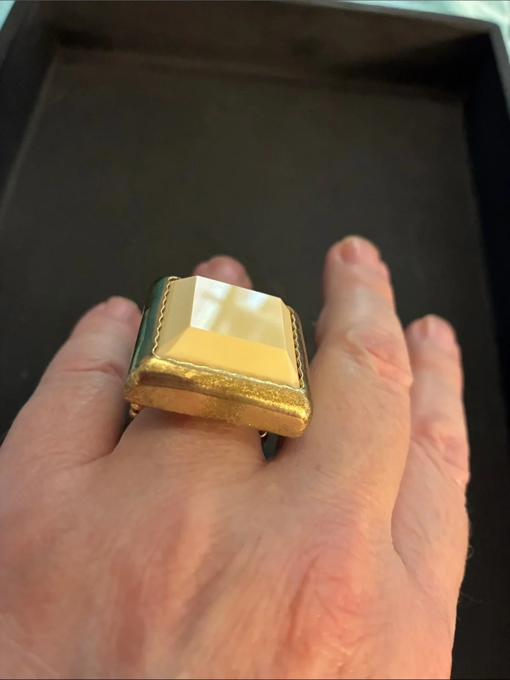 Statement Square Gold Ring with Cream Faceted Stone